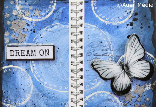 Art journal page Dream on with acrylic paints and a butterfly